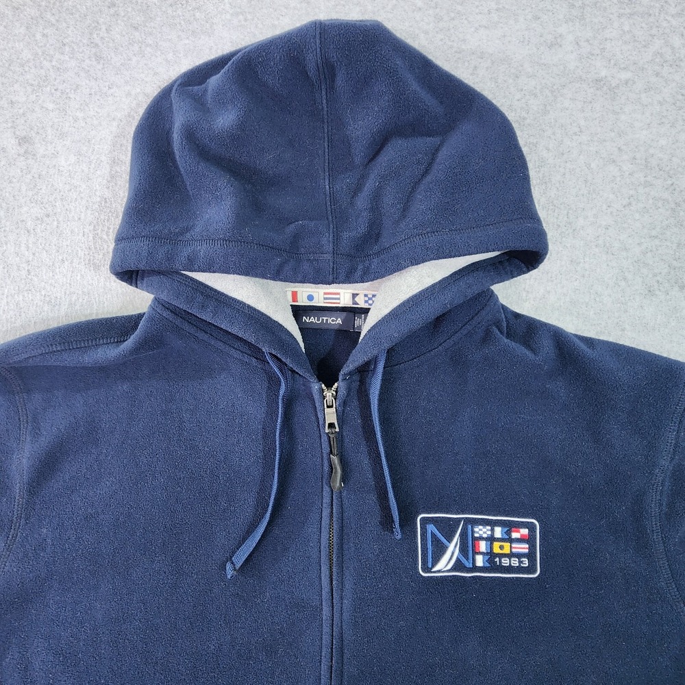 Nautica Spell Out Sailing Crest Jacket Mens XL Blue Hooded Full Zip Coat